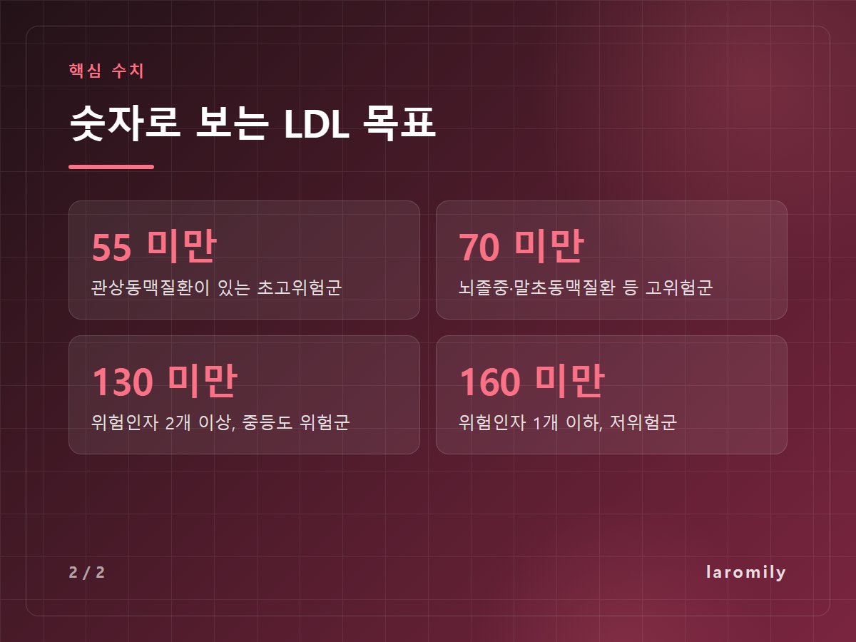 숫자로 보는 LDL 목표 — 55 미만 관상동맥질환이 있는 초고위험군 / 70 미만 뇌졸중·말초동맥질환 등 고위험군 / 130 미만 위험인자 2개 이상, 중등도 위험군 / 160 미만 위험인자 1개 이하, 저위험군