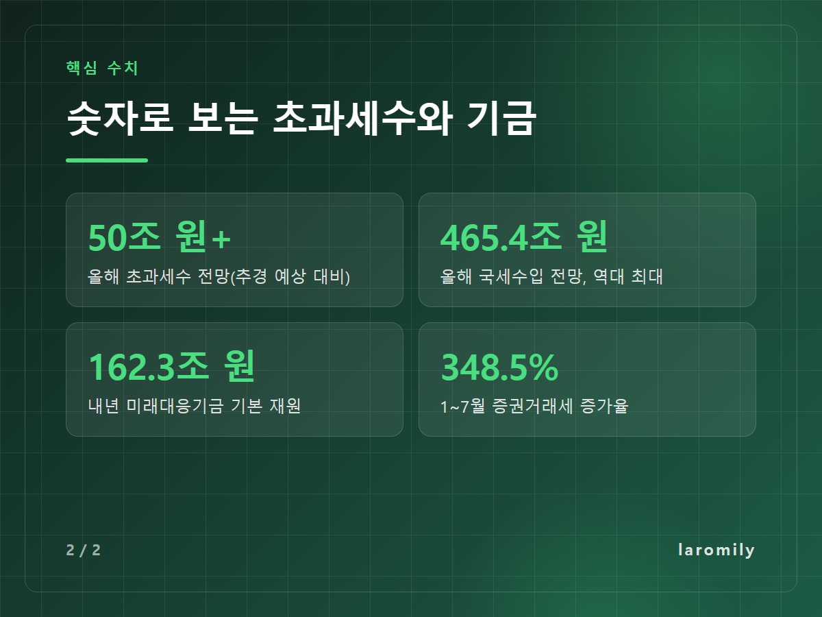 숫자로 보는 초과세수와 기금 — 50조 원+ 올해 초과세수 전망(추경 예상 대비) / 465.4조 원 올해 국세수입 전망, 역대 최대 / 162.3조 원 내년 미래대응기금 기본 재원 / 348.5% 1~7월 증권거래세 증가율