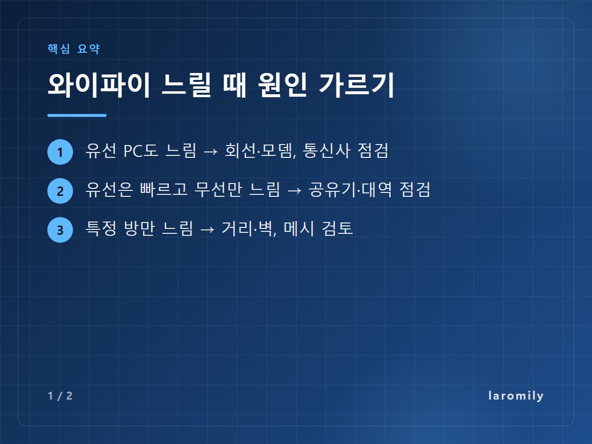 와이파이 느릴 때 원인 가르기 — 유선 PC도 느림 → 회선·모뎀, 통신사 점검 / 유선은 빠르고 무선만 느림 → 공유기·대역 점검 / 특정 방만 느림 → 거리·벽, 메시 검토