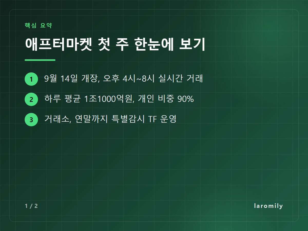 애프터마켓 첫 주 한눈에 보기 — 9월 14일 개장, 오후 4시~8시 실시간 거래 / 하루 평균 1조1000억원, 개인 비중 90% / 거래소, 연말까지 특별감시 TF 운영