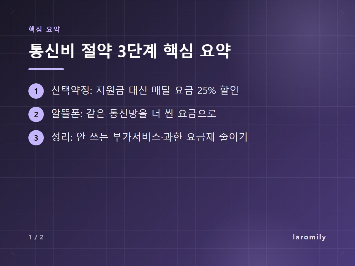통신비 절약 3단계 핵심 요약 — 선택약정: 지원금 대신 매달 요금 25% 할인 / 알뜰폰: 같은 통신망을 더 싼 요금으로 / 정리: 안 쓰는 부가서비스·과한 요금제 줄이기