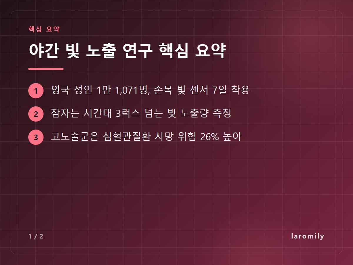 야간 빛 노출 연구 핵심 요약 — 영국 성인 1만 1,071명, 손목 빛 센서 7일 착용 / 잠자는 시간대 3럭스 넘는 빛 노출량 측정 / 고노출군은 심혈관질환 사망 위험 26% 높아