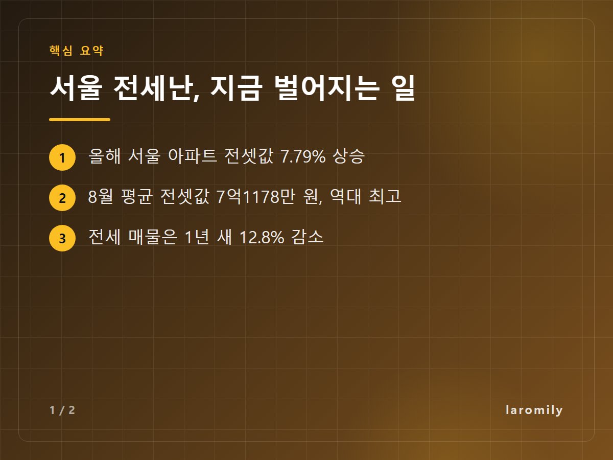 서울 전세난, 지금 벌어지는 일 — 올해 서울 아파트 전셋값 7.79% 상승 / 8월 평균 전셋값 7억1178만 원, 역대 최고 / 전세 매물은 1년 새 12.8% 감소