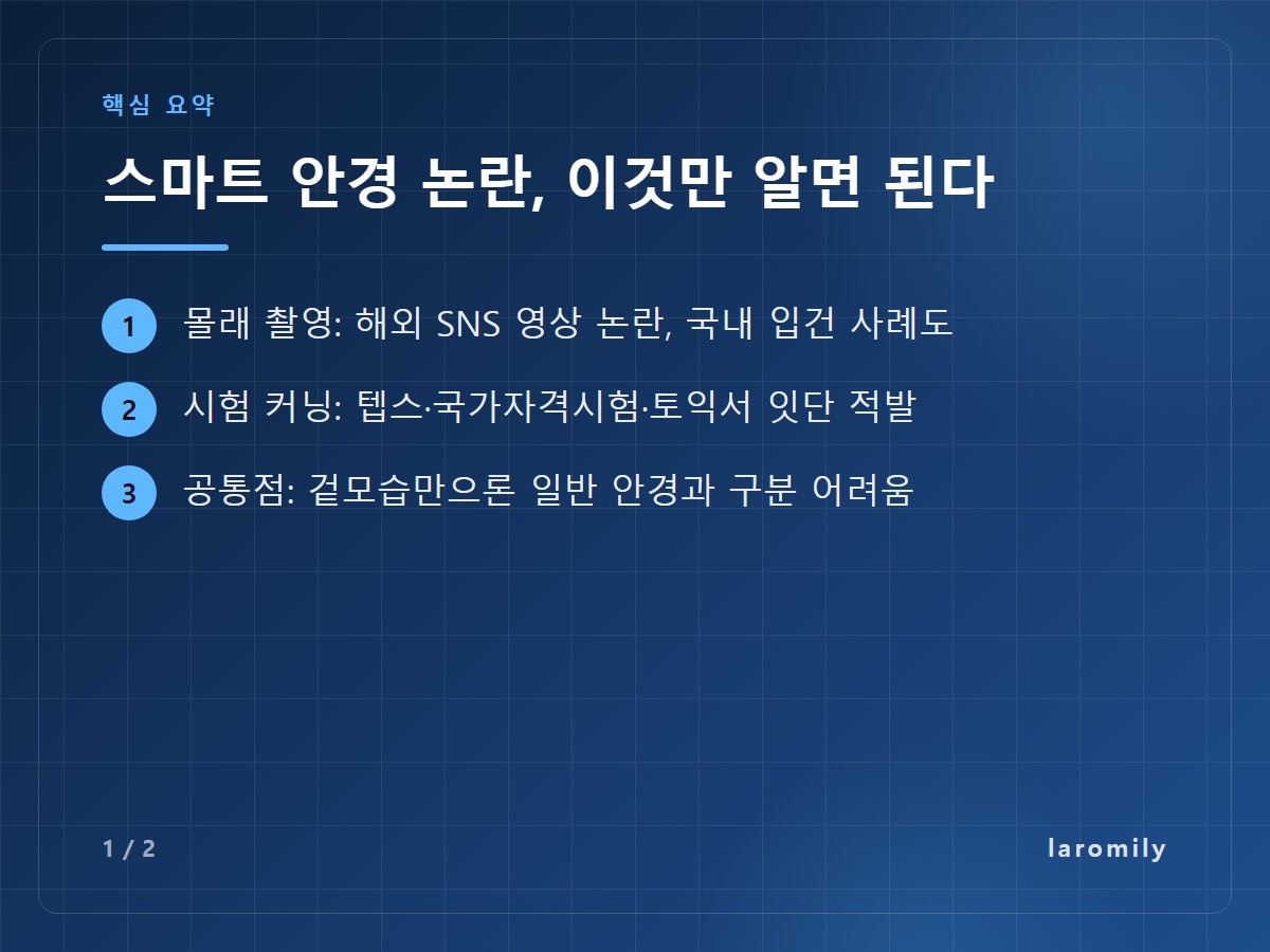 스마트 안경 논란, 이것만 알면 된다 — 몰래 촬영: 해외 SNS 영상 논란, 국내 입건 사례도 / 시험 커닝: 텝스·국가자격시험·토익서 잇단 적발 / 공통점: 겉모습만으론 일반 안경과 구분 어려움