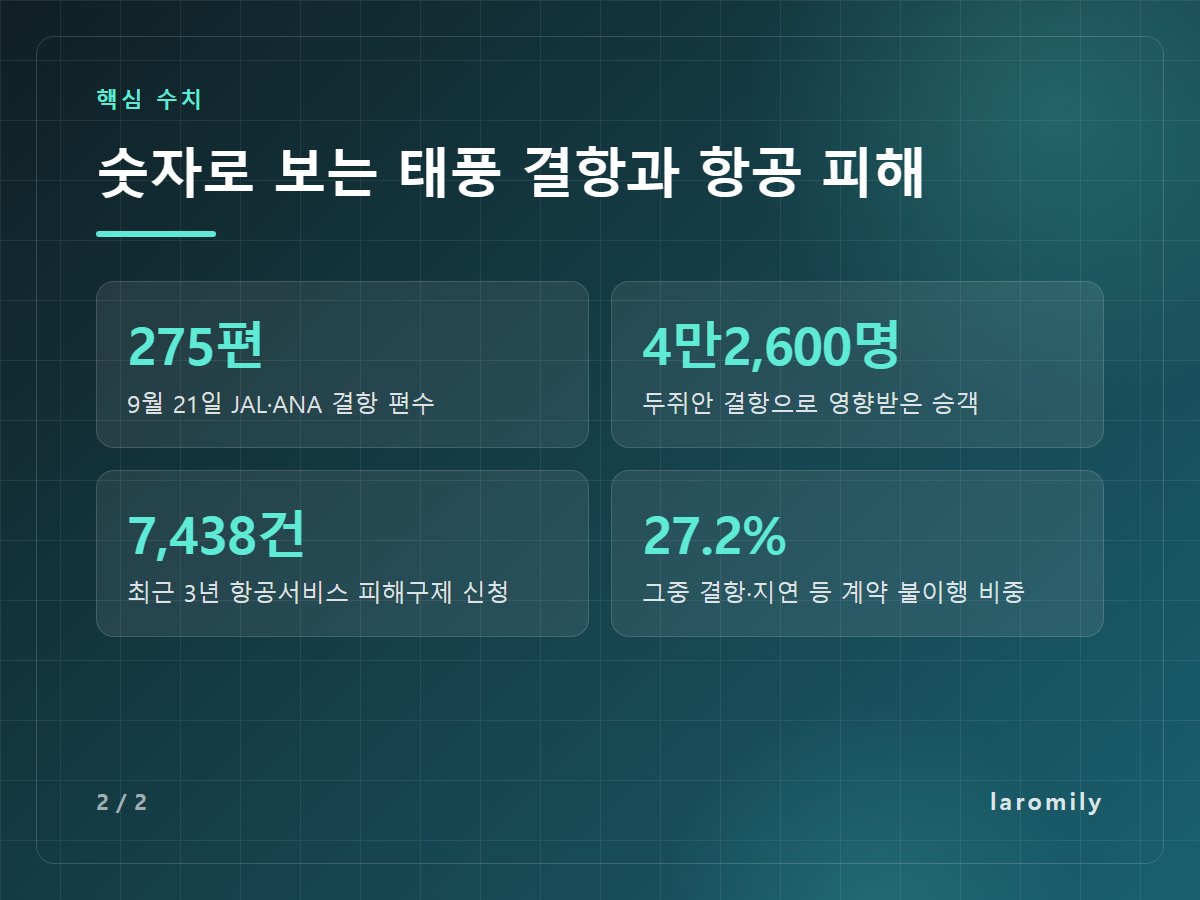 숫자로 보는 태풍 결항과 항공 피해 — 275편 9월 21일 JAL·ANA 결항 편수 / 4만2,600명 두쥐안 결항으로 영향받은 승객 / 7,438건 최근 3년 항공서비스 피해구제 신청 / 27.2% 그중 결항·지연 등 계약 불이행 비중