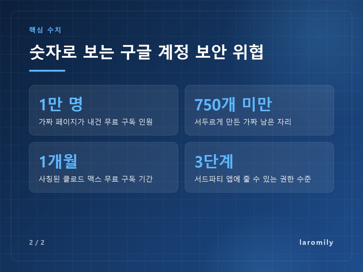 숫자로 보는 구글 계정 보안 위협 — 1만 명 가짜 페이지가 내건 무료 구독 인원 / 750개 미만 서두르게 만든 가짜 남은 자리 / 1개월 사칭된 클로드 맥스 무료 구독 기간 / 3단계 서드파티 앱에 줄 수 있는 권한 수준