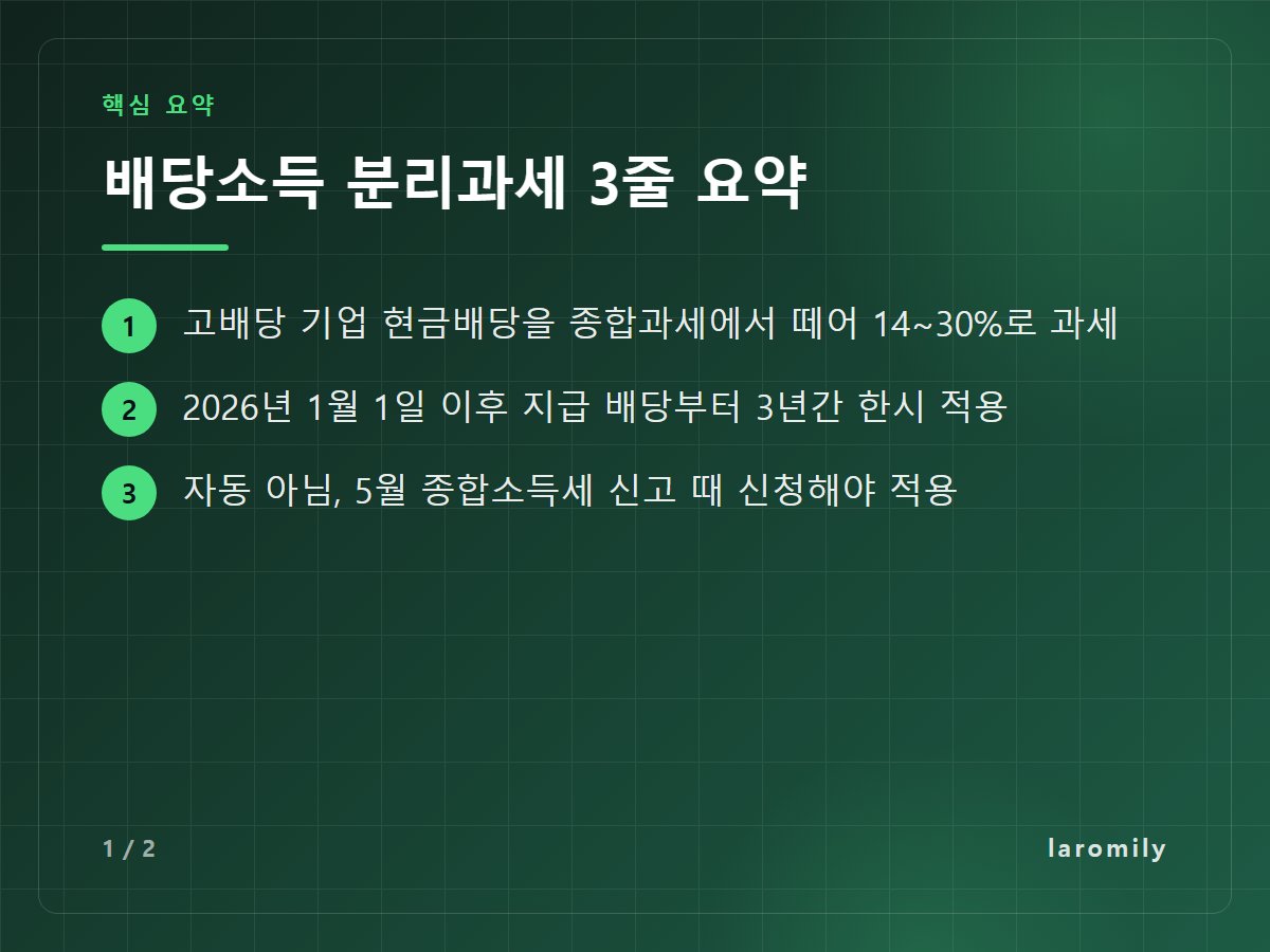 배당소득 분리과세 3줄 요약 — 고배당 기업 현금배당을 종합과세에서 떼어 14~30%로 과세 / 2026년 1월 1일 이후 지급 배당부터 3년간 한시 적용 / 자동 아님, 5월 종합소득세 신고 때 신청해야 적용