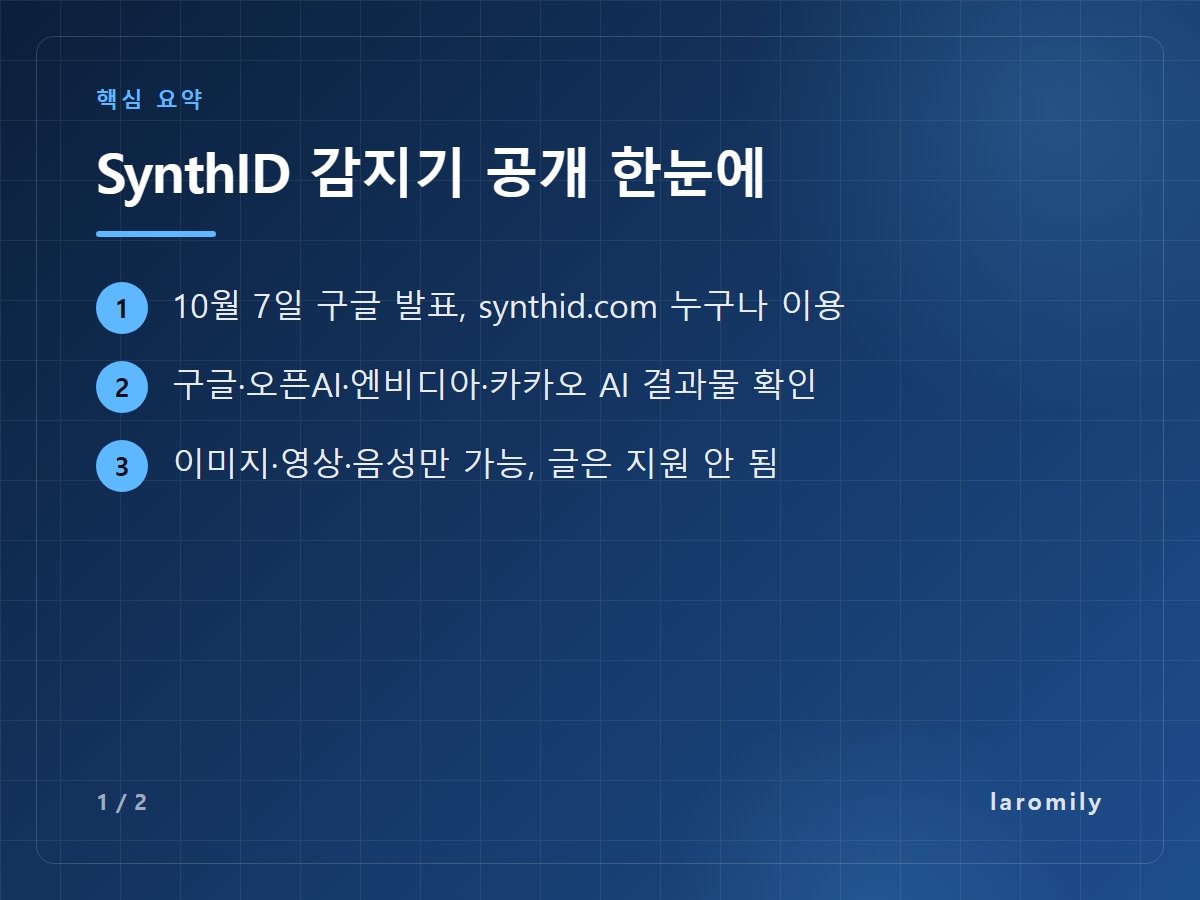 SynthID 감지기 공개 한눈에 — 10월 7일 구글 발표, synthid.com 누구나 이용 / 구글·오픈AI·엔비디아·카카오 AI 결과물 확인 / 이미지·영상·음성만 가능, 글은 지원 안 됨