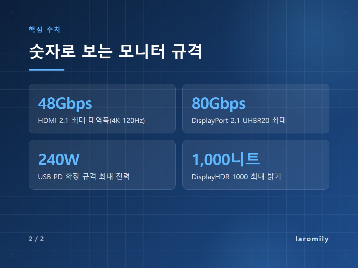 숫자로 보는 모니터 규격 — 48Gbps HDMI 2.1 최대 대역폭(4K 120Hz) / 80Gbps DisplayPort 2.1 UHBR20 최대 / 240W USB PD 확장 규격 최대 전력 / 1,000니트 DisplayHDR 1000 최대 밝기