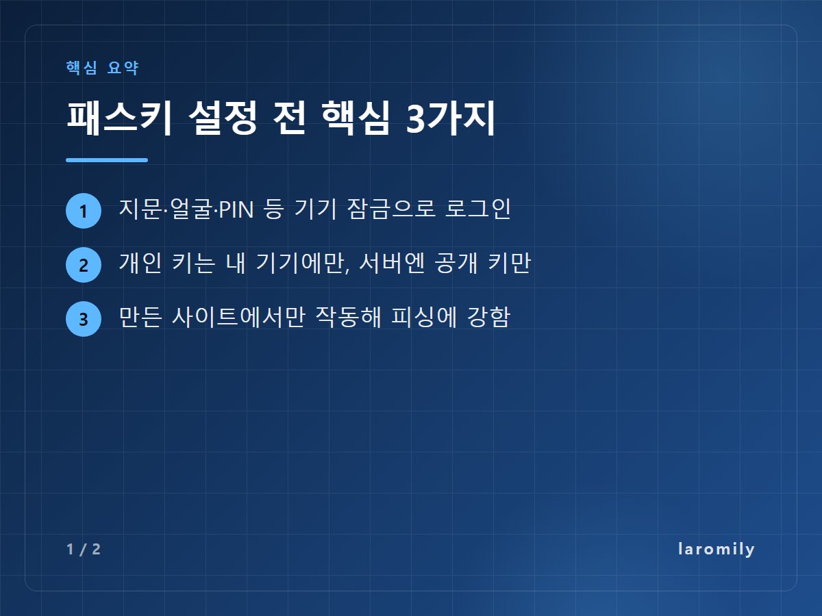 패스키 설정 전 핵심 3가지 — 지문·얼굴·PIN 등 기기 잠금으로 로그인 / 개인 키는 내 기기에만, 서버엔 공개 키만 / 만든 사이트에서만 작동해 피싱에 강함