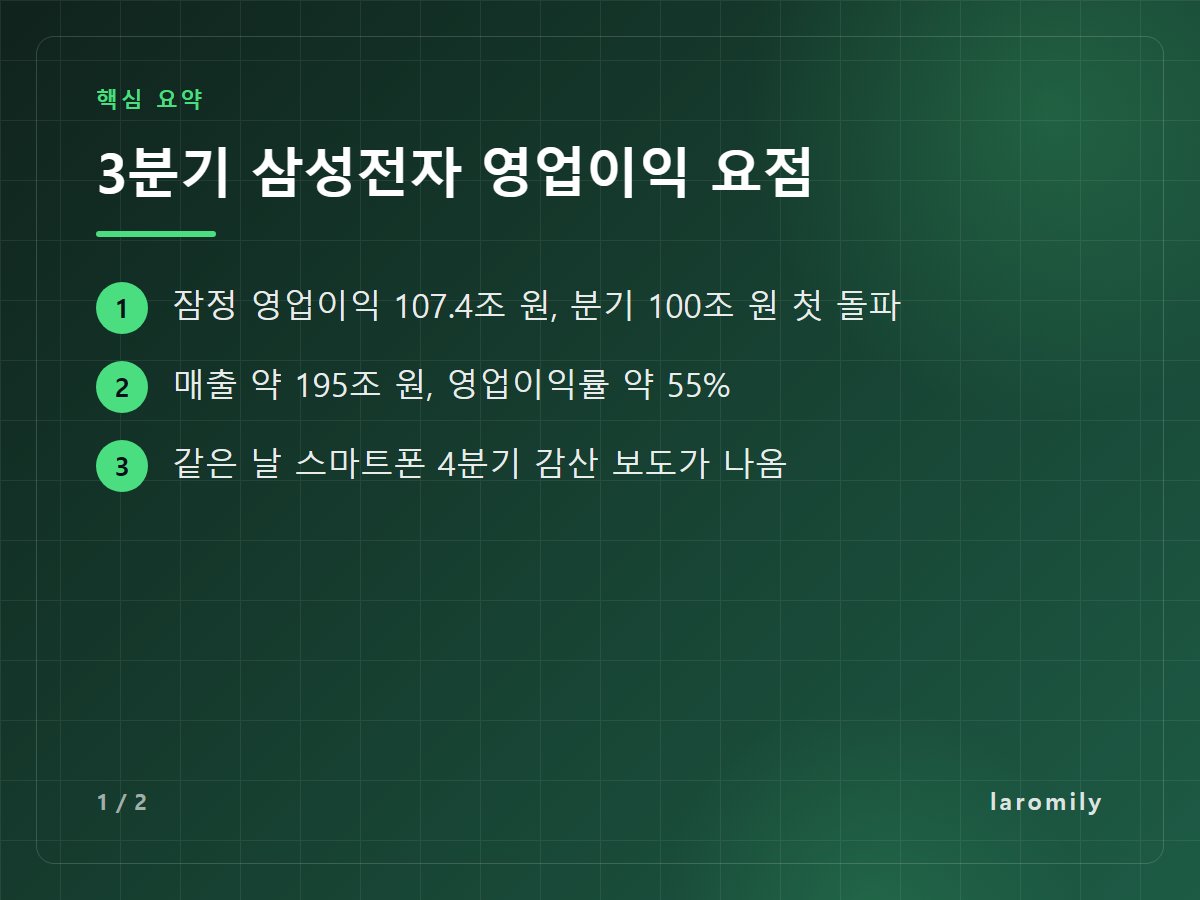 3분기 삼성전자 영업이익 요점 — 잠정 영업이익 107.4조 원, 분기 100조 원 첫 돌파 / 매출 약 195조 원, 영업이익률 약 55% / 같은 날 스마트폰 4분기 감산 보도가 나옴