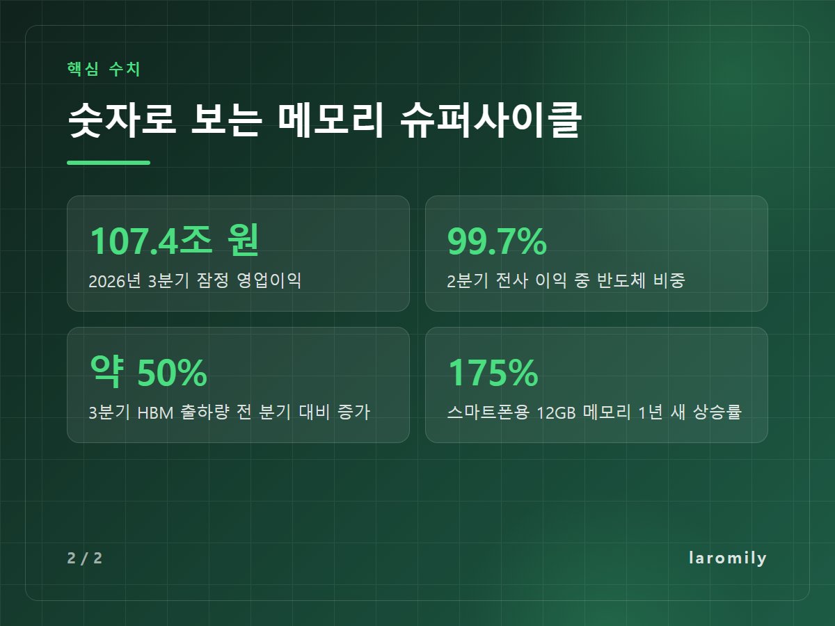숫자로 보는 메모리 슈퍼사이클 — 107.4조 원 2026년 3분기 잠정 영업이익 / 99.7% 2분기 전사 이익 중 반도체 비중 / 약 50% 3분기 HBM 출하량 전 분기 대비 증가 / 175% 스마트폰용 12GB 메모리 1년 새 상승률