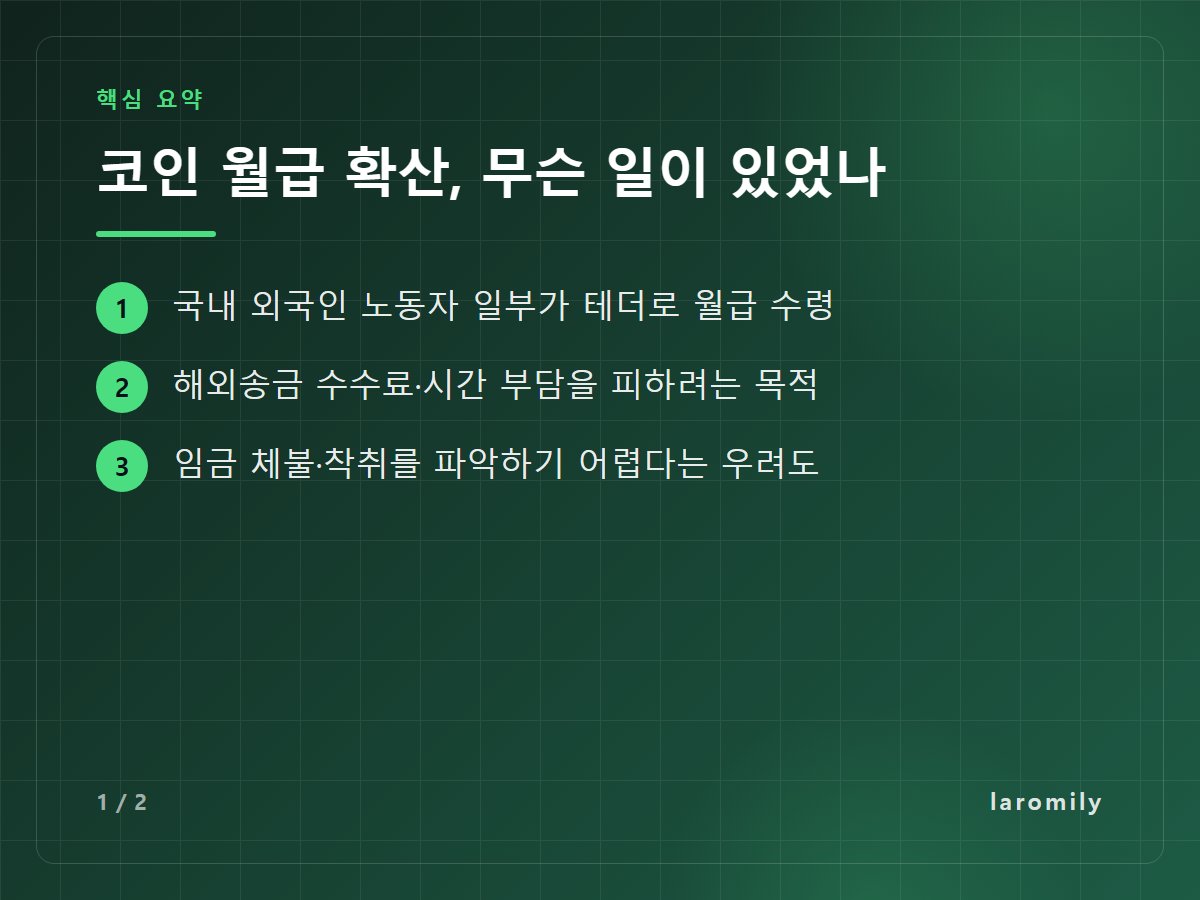 코인 월급 확산, 무슨 일이 있었나 — 국내 외국인 노동자 일부가 테더로 월급 수령 / 해외송금 수수료·시간 부담을 피하려는 목적 / 임금 체불·착취를 파악하기 어렵다는 우려도